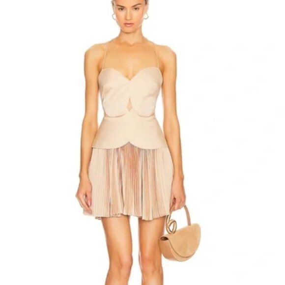 NWT Acler Willcocks Mini Dress Size 4 Tan Spaghetti Strap Pleated Lace-Up Back - Picture 3 of 13